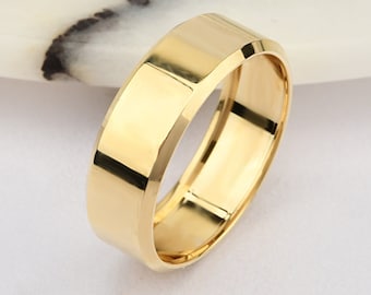 6mm Flat 14K-18K Gold Wedding Band, Diamond Cut Corners Band, Gold Polished Ring, Free Engrave, Comfort Wedding Band, Gold Engagement Ring.