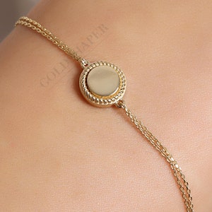 Pulsera redonda personalizada, pulsera redonda con sello de oro de 14 quilates, pulsera con sello, pulsera de forma redonda, pulsera personalizada, pulsera de barra, 14 quilates