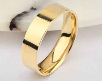 5mm Flat 14K-18K Gold Wedding Band, Gold Polished Ring, Free Laser Engrave, Comfort Wedding Band, Gold Engagement Ring, Gold Wedding Ring.