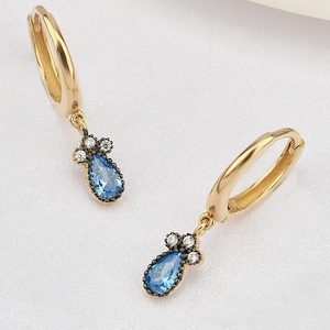14K Gold Aquamarine Hoop Earrings, Aquamarine Gold Earrings, Aquamarine Stone Earrings, Oval Cut Aquamarine Earrings, Gold Hoop Earrings.
