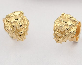 14K Gold Lion Earrings, Lion Gold Earrings, Lion Symbol Earrings, Lion Head Earrings, Lion Shape Gold Earrings, Gold Animal Earrings.