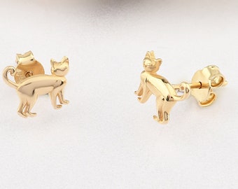 14K Gold Cat Earrings, Cat Gold Earrings, Cat Symbol Earrings, Cat
