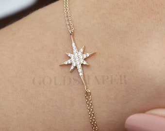 14K Gold North Star Bracelet, Star Gold Bracelet, North Star Charm Bracelet, Calestial Bracelet, Star Bracelet, Diamond Option Available.