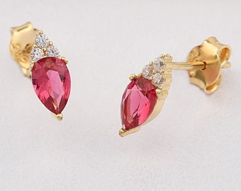 14K Gold Ruby Earrings, Ruby Gold Earrings, Ruby Stud Earrings, Ruby Earrings, Gemstone Gold Earrings, July Birthstone Earrings.