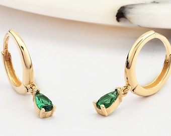 14K Gold Emerald Hoop Earrings, Emerald Gold Earrings, Emerald Stone Earrings, Pear Cut Emerald Earrings, Gold Hoop Earrings, Emerald.