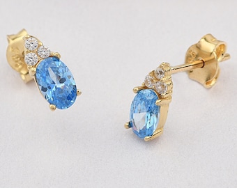 14K Gold Aquamarine Earrings, Aquamarine Gold Earrings, Aquamarine