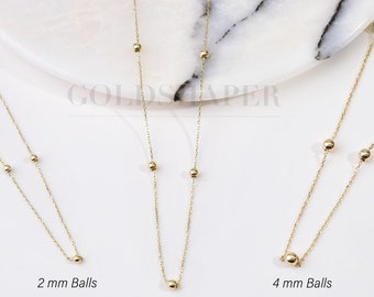 14K Gold Ball Bead Necklace, 4MM 3MM 2MM Gold Balls Station Necklace, Gold Sphere Ball Necklace, 14K Solid Gold Necklace, Gold Ball Necklace