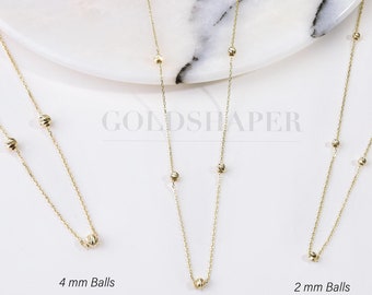 14K Gold Dorica Ball Bead Necklace, 4MM 3MM 2MM Balls Station Necklace, Gold Dorica Balls Necklace, 14K Solid Gold Necklace, Balls Necklace.