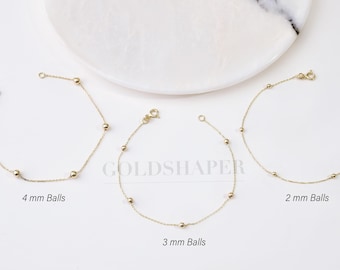14k Gold Ball Bead Bracelet, 4MM 3MM 2MM Gold Balls Station Bracelet, Gold Ball Bracelet, Gold Sphere Ball Bracelet, 14K Solid Gold Bracelet