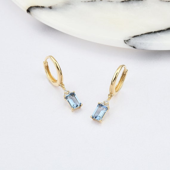14K Gold Sapphire Hoop Earrings, Sapphire Gold Earrings, Sapphire Earrings, Baguette Cut Sapphire Earrings, Gold Hoop Earrings, Sapphire.