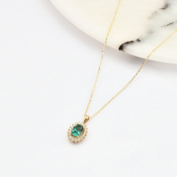 14K Gold Emerald Necklace, Gold Emerald Necklace, Emerald Charm Necklace, May Birthstone Necklace, Gemstone Necklace, 14K Gold Necklace.