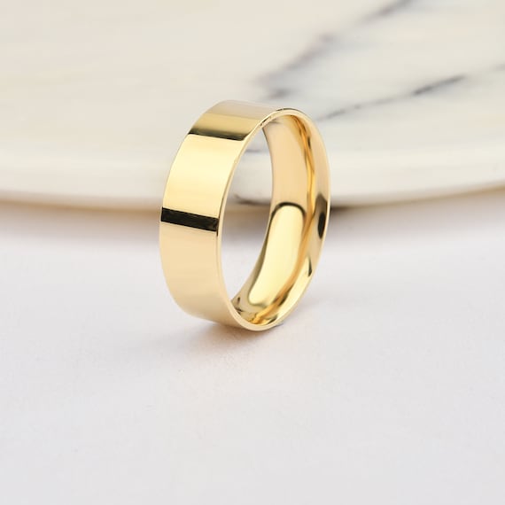 6mm Flat 14K-18K Gold Wedding Band, Gold Polished Ring, Free Laser Engrave, Comfort Wedding Band, Gold Engagement Ring, Gold Wedding Ring.