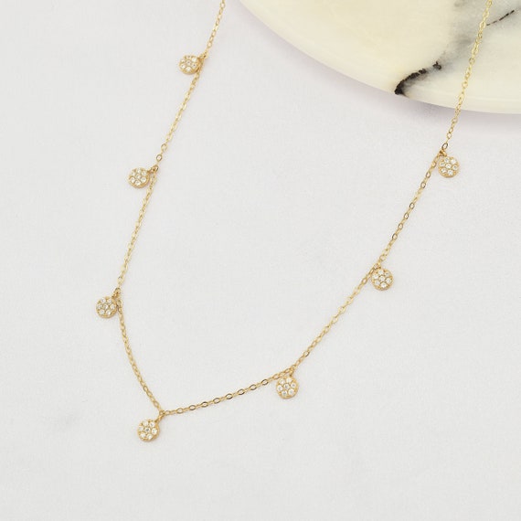14K Gold Zircon Stone Discs Necklace, Discs Necklace, Station Necklace, Disc Necklace, Zircon Necklace, 14K Necklace, Zircon Stone Necklace.
