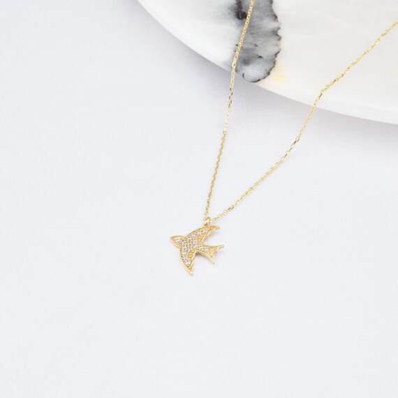 14K Gold Bird Necklace, Gold Bird Necklace, Seagull Necklace, Bird Charm Necklace, Bird Gold Pendant, 14K Gold Necklace, Animal Necklace.