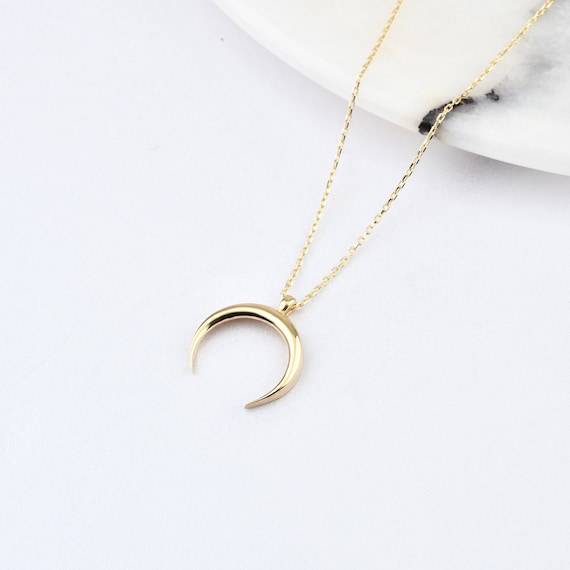 14K Gold Horn Necklace, Gold Moon Necklace, Horn Charm Necklace, Calestial Necklace, Moon Necklace, 14K Gold Necklace, Moon Symbol Necklace.