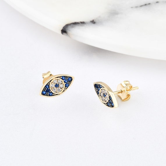 14K Gold Evil Eye Earrings, Evil Eye Gold Earrings, Eye Earrings, Nazar Earrings, Evil Eye Shape Gold Earrings, Gold Evil Eye Earrings.