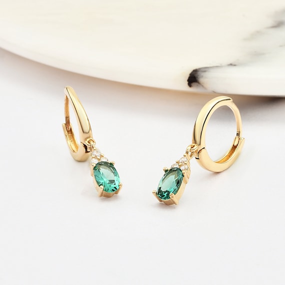 14K Gold Emerald Hoop Earrings, Emerald Gold Earrings, Emerald Stone Earrings, Oval Cut Emerald Earrings, Gold Hoop Earrings, Emerald.