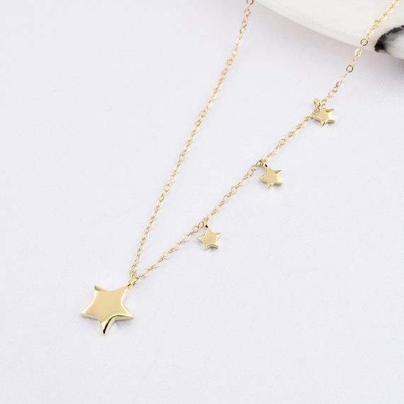 14K Gold Stars Necklace, Gold Star Necklace, Star Necklace, Stars Necklace, Lucky Star Necklace, Calestial Necklace, 14K Gold Necklace.
