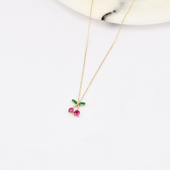 14K Gold Cherry Necklace, Gold Cherry Necklace, Fruit Necklace, Cherry Necklace, Lucky Cherry Necklace, Cherry Pendant, 14K Gold Necklace.