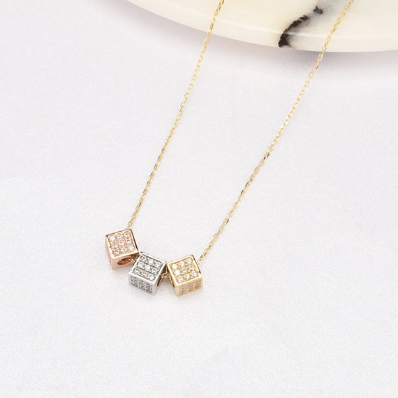 14K Gold 3D Cubes Necklace, Gold Cubes Necklace, Cube Necklace, Geometric Cubes Necklace, 3 Colour Gold Necklace, Love Necklace, 14K Gold.