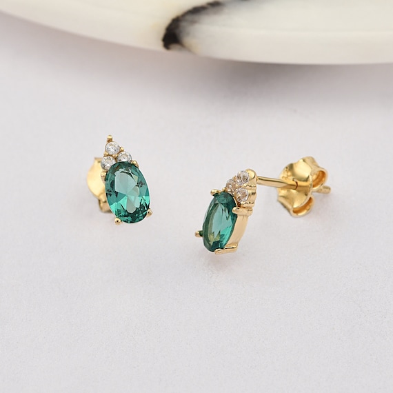 14K Gold Emerald Earrings, Emerald Gold Earrings, Emerald Stud Earrings, Emerald Earrings, Gemstone Gold Earrings, May Birthstone Earrings.