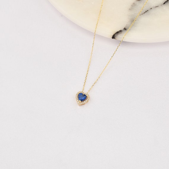 14K Heart Sapphire Necklace, 14k Solid Gold Heart Necklace, September Birthstone, Heart Neckace, Sapphire Necklace, Heart Cut Sapphire.