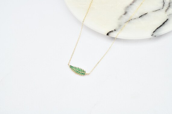 14K Gold Olive Leaf Necklace With Enamel, Gold Olive Branch Necklace, Gold Olive Leaf Necklace, Olive Branch Necklace, Peace Necklace, 14K.