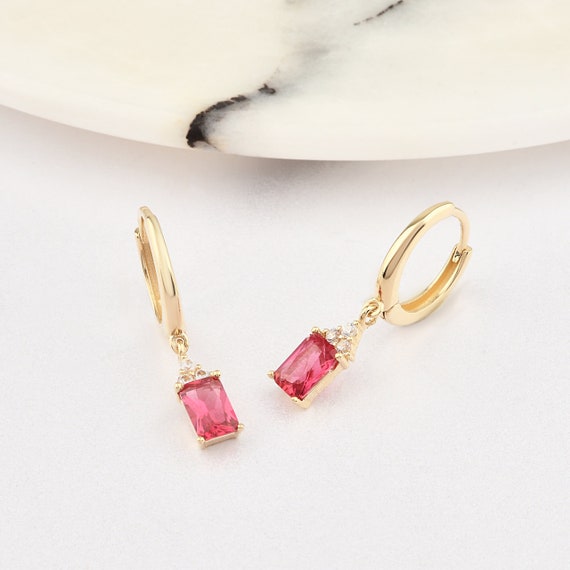 14K Gold Ruby Hoop Earrings, Ruby Gold Earrings, Ruby Stone Earrings, Baguette Cut Ruby Earrings, Gold Hoop Earrings, Ruby.