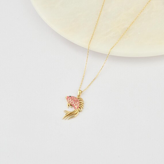 14K Gold Fish Necklace With Enamel, Gold Fish Necklace, Fish Charm Necklace, Koi Necklace, Koi Fish Necklace, Enamel Necklace, 14K Necklace.