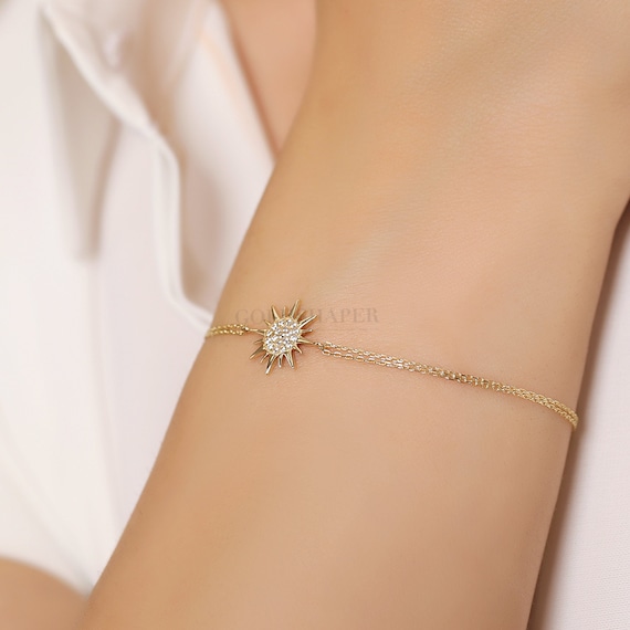 14K Gold Sun Bracelet, Sun Gold Bracelet, Sunhine Gold Bracelet, Calestial Bracelet, Sun Symbol Bracelet, Sun Bracelet, 14K Gold Bracelet.