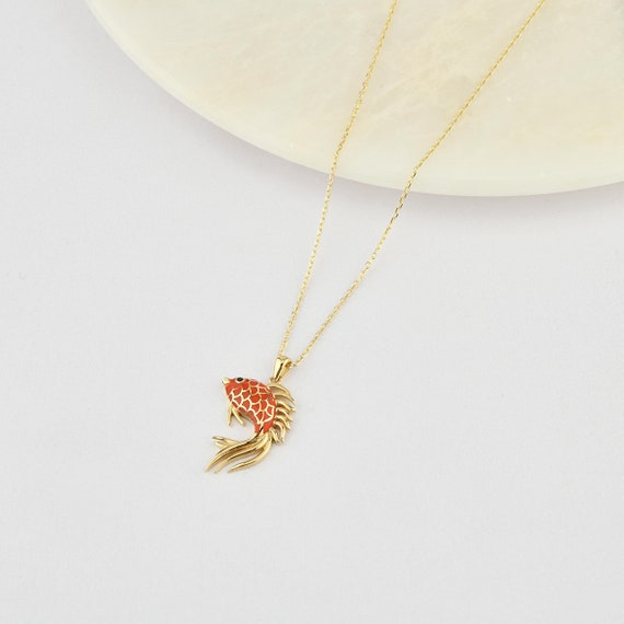 14K Gold Fish Necklace With Enamel, Gold Fish Necklace, Fish Charm Necklace, Koi Necklace, Koi Fish Necklace, Enamel Necklace, 14K Necklace.