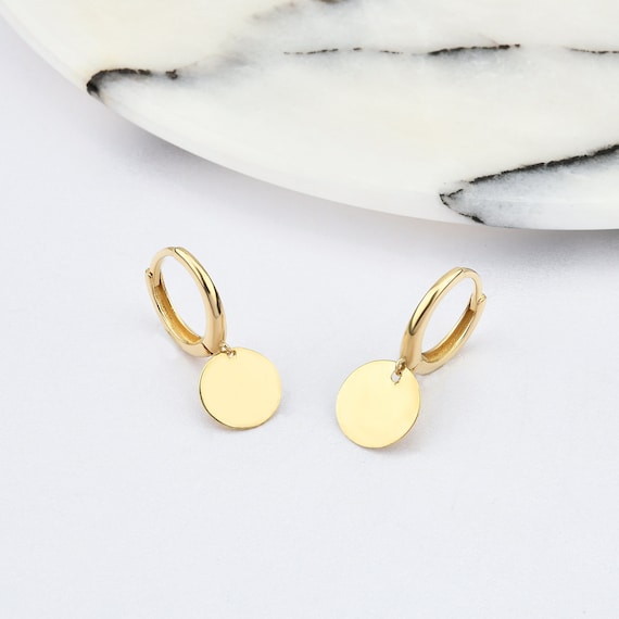 14K Gold Disc Hoop Earrings, Solid Gold Coin Earrings, 7MM Discs, Gold Hoop Earrings, Coin Earrings, Disc Earrings, Hoop Gold Earrings.