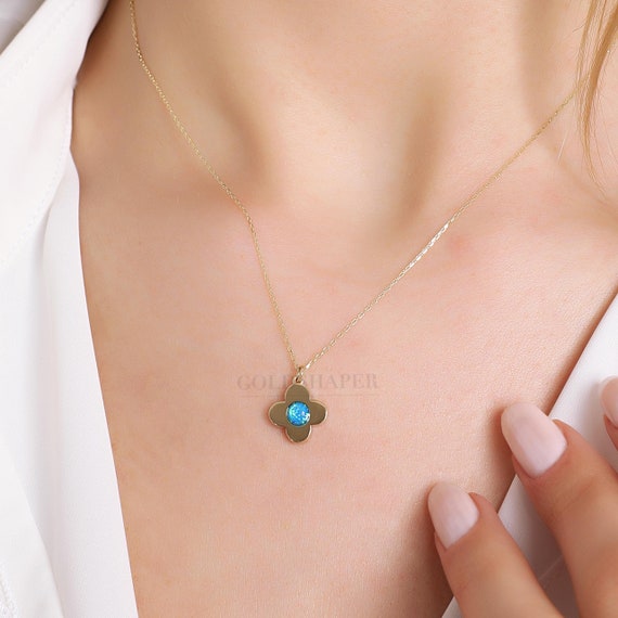14K Gold Clover With Blue Opal Necklace, Clover Necklace, Blue Opal Necklace, 4 Leaf Clover Necklace, Lucky Clover Necklace, Flower Necklace
