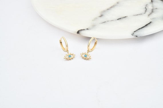 14K Gold Evil Eye Hoop Earrings, Gold Evil Eye Earrings, Eye Earrings, Gold Hoop Earrings, Evil Eye Charm Earrings, 14K Gold Hoop Earrings.