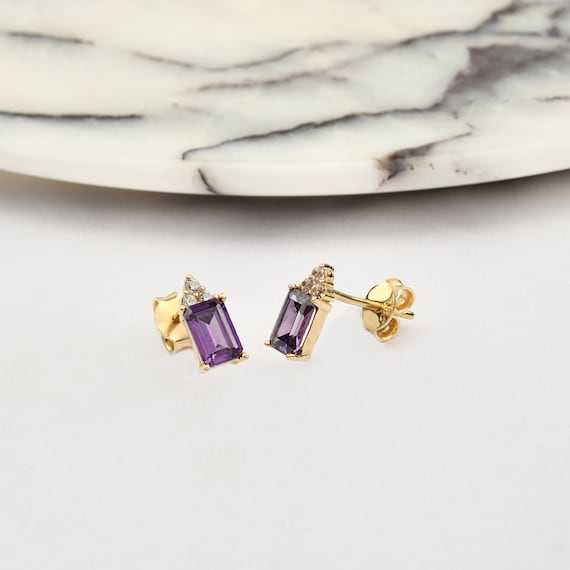 14K Gold Amethyst Earrings, Amethyst Gold Earrings, Amethyst Stud Earrings, Amethyst Earrings, Gemstone Gold Earrings, February Birthstone.