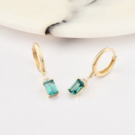 14K Gold Emerald Hoop Earrings, Emerald Gold Earrings, Emerald Stone Earrings, Baguette Cut Emerald Earrings, Gold Hoop Earrings, Emerald.
