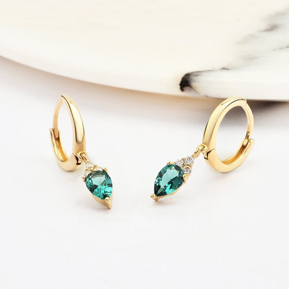 14K Gold Emerald Hoop Earrings, Emerald Gold Earrings, Emerald Stone Earrings, Pear Cut Emerald Earrings, Gold Hoop Earrings, Emerald.