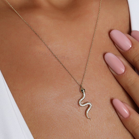 14K Gold Snake Necklace, Gold Serpent Snake Necklace, Snake Charm Necklace, Snake Gold Pendant, 14K Gold Necklace, Animal Necklace.