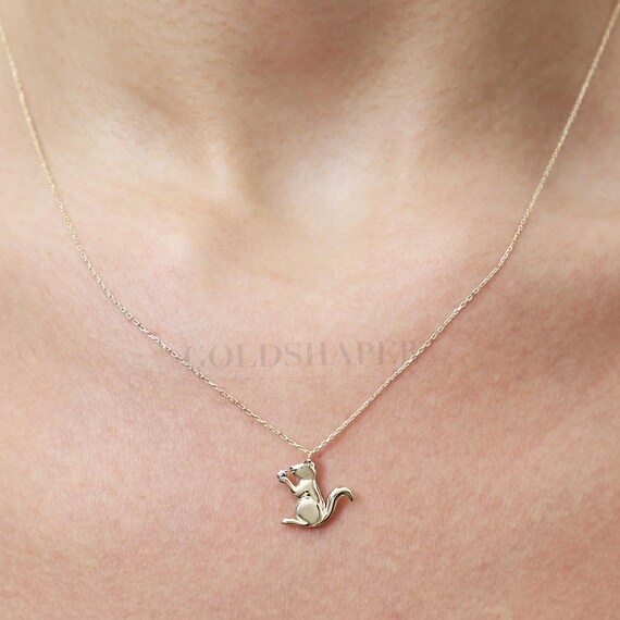 14K Gold Squirrel Necklace, Squirrel Necklace, Gold Squirrel Necklace, Squirrel Charm Necklace, Squirrel Pendant, Squirrel Pendant, 14K Gold