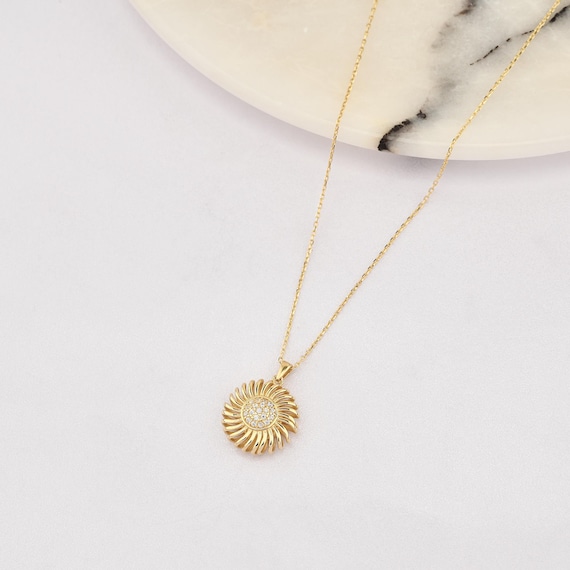 14K Gold Sun Necklace, Gold Sun Necklace, Sun Charm Necklace, Calestial Necklace, Sunshine Necklace, 14K Gold Necklace, Sun Symbol Necklace.