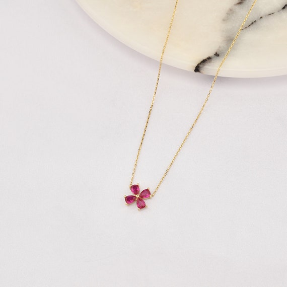 14K Gold Clover Ruby Necklace, Gold Clover Necklace, 4 Leaf Clover Necklace, Ruby Necklace, Gold Clover With Ruby Necklace.
