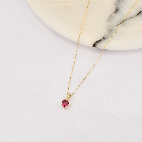 14K Heart Ruby Necklace, 14k Solid Gold Heart Necklace, September Birthstone, Heart Neckace, Ruby Necklace, Heart Cut Ruby, 14K Gold.