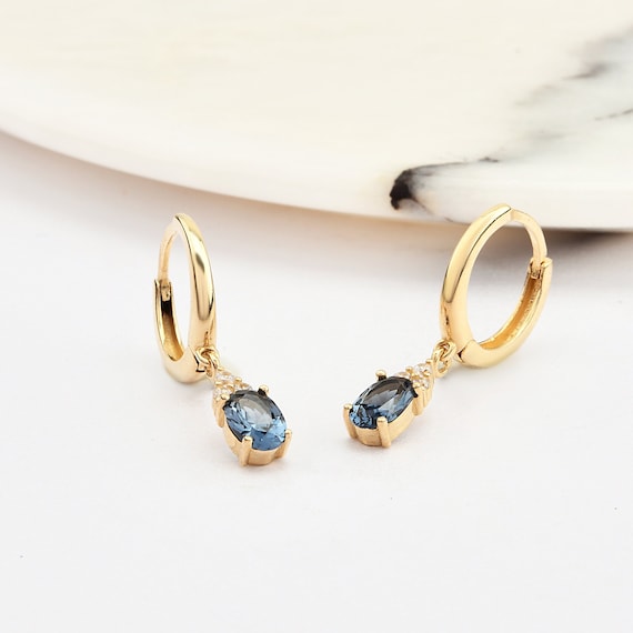 14K Gold Sapphire Hoop Earrings, Sapphire Gold Earrings, Sapphire Stone Earrings, Oval Cut Sapphire Earrings, Gold Hoop Earrings, Sapphire.