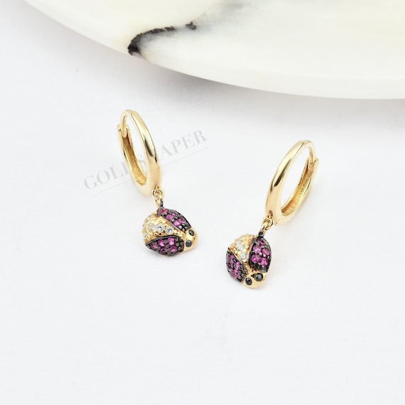 14K Gold Ladybug Hoop Earrings, Ladybird Earrings, Ladybug Gold Earrings, Ladybug Earrings, Ladybug Hoop Earrings, 14K Gold Animal Earrings.