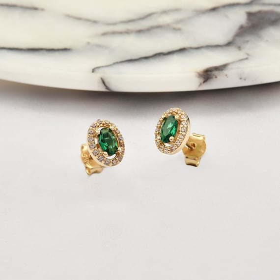 14K Gold Emerald Earrings, Emerald Gold Earrings, Emerald Stud Earrings, Emerald Earrings, Gemstone Gold Earrings, May Birthstone Earrings.