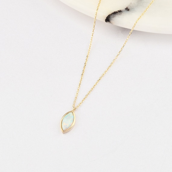 14K Gold White Opal Necklace, Gold Opal Necklace, Opal Charm Necklace, October Birthstone Necklace, Gemstone Necklace, 14K Gold Necklace.