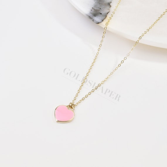 14K Gold Heart Necklace With Pink Enamel, Heart Necklace, Heart Charm Necklace, Enamel Neckace, Gold Necklace, Heart Shape Necklace, 14K.