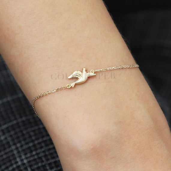 14K Gold Bird Bracelet, Bird Gold Bracelet, Bird Charm Bracelet, Bird Bracelet. Animal Bracelet, Flying Bird Bracelet, 14K Gold Bracelet.