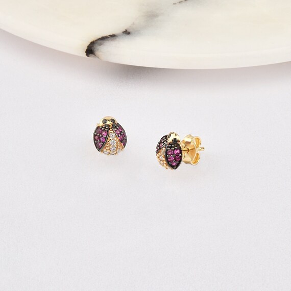14K Gold Ladybug Earrings, Ladybird Earrings, Ladybug Gold Earrings, Ladybug Symbol Earrings, Ladybug Shape Earrings, Gold Animal Earrings.