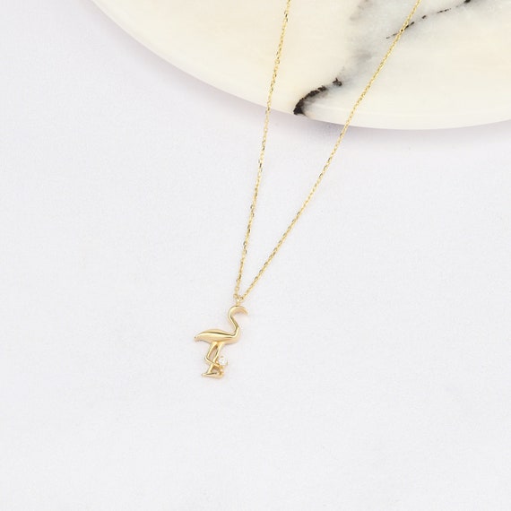 14K Gold Flamingo Necklace, Gold Flamingo Necklace, Flamingo Charm Necklace, Flamingo Gold Pendant, 14K Gold Necklace, Animal Gold Necklace.